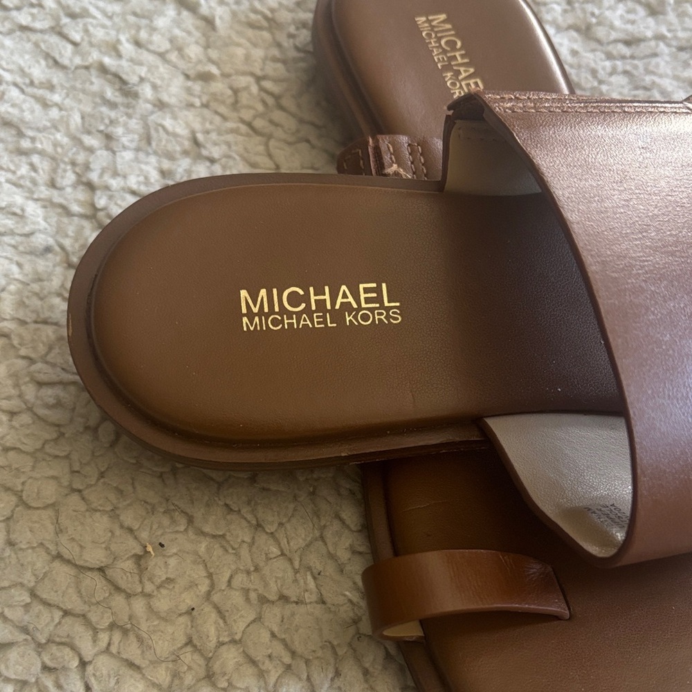 Michael Kors Tan Leather Slide Sandals - Picture 2 of 4